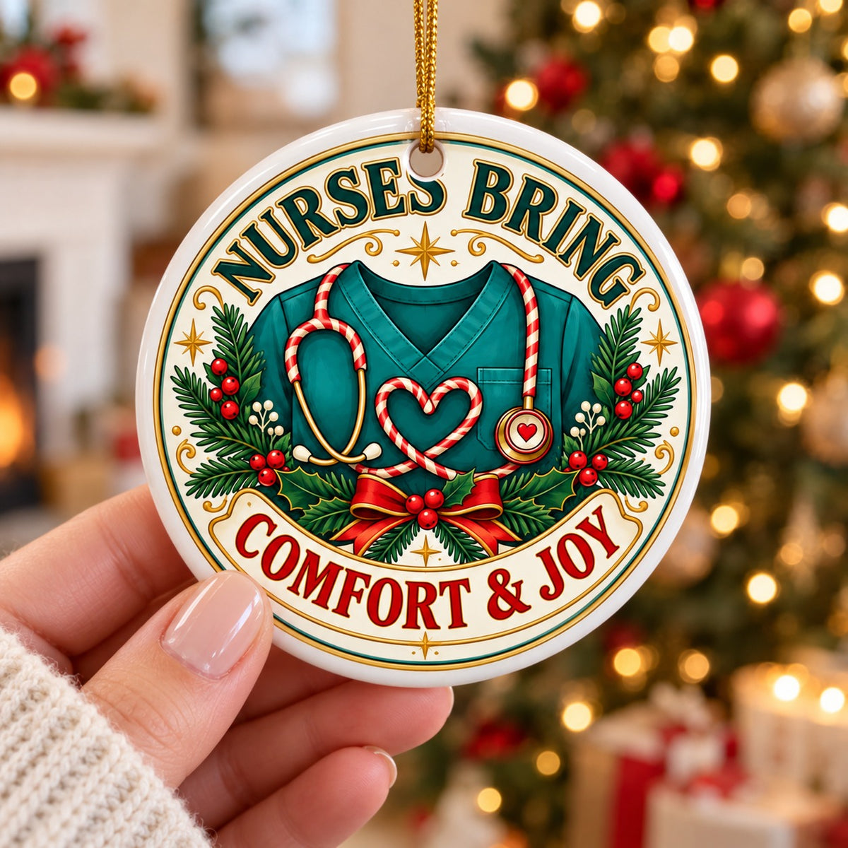 Comfort and Joy Scrub Heart Ceramic Christmas Ornament, Nurse Gift