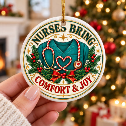 Comfort and Joy Scrub Heart Ceramic Christmas Ornament, Nurse Gift