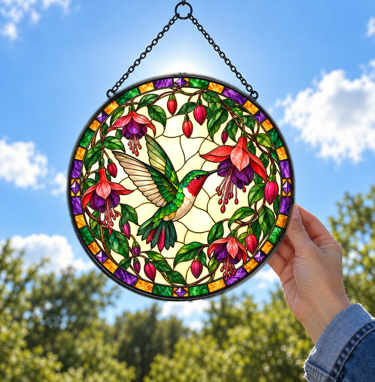 Ruby Nectar Fuchsia Hummingbird Stained Glass Suncatcher Window