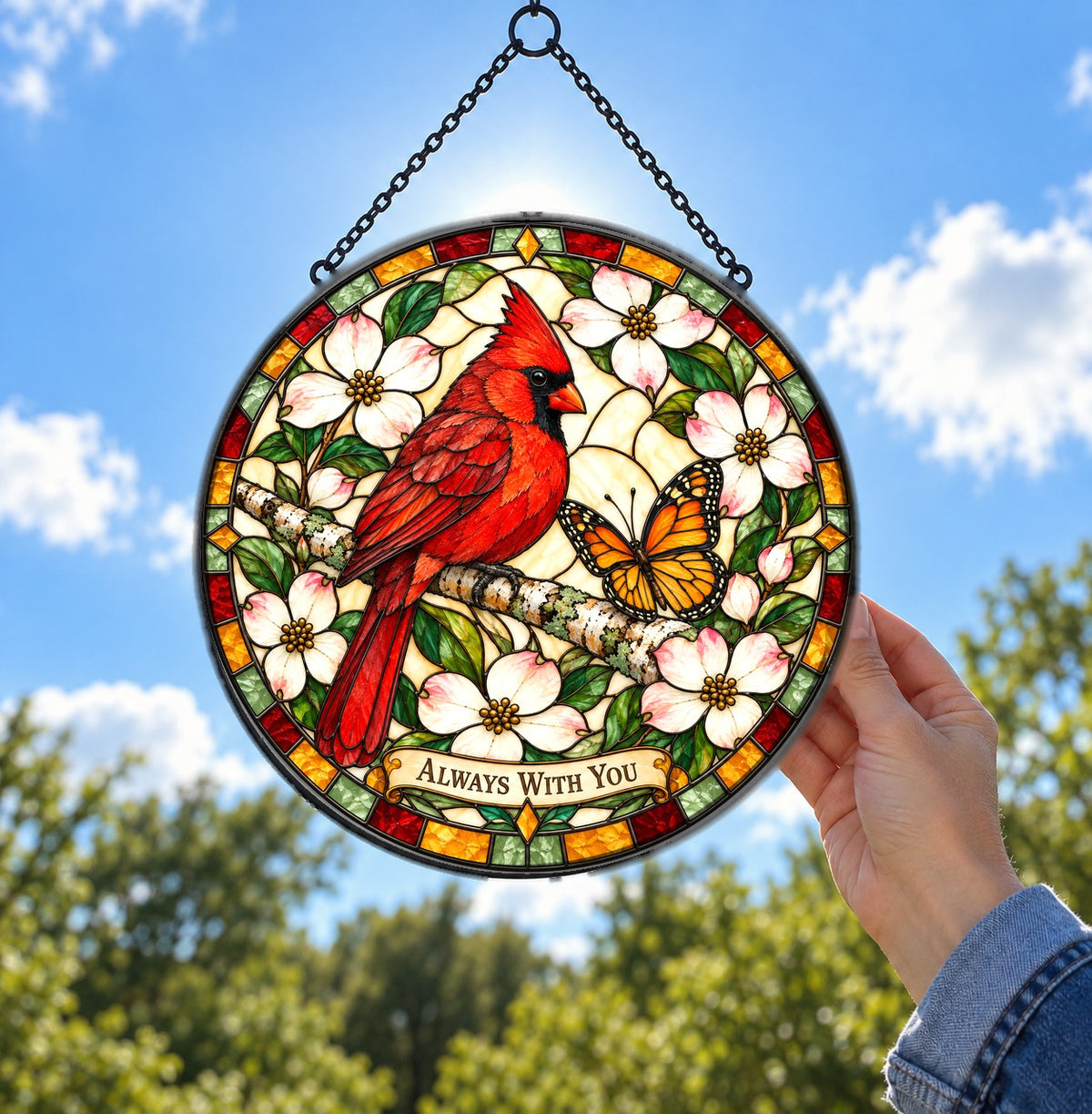 Cardinal and Butterfly Memorial Glass Suncatcher Window Ornament