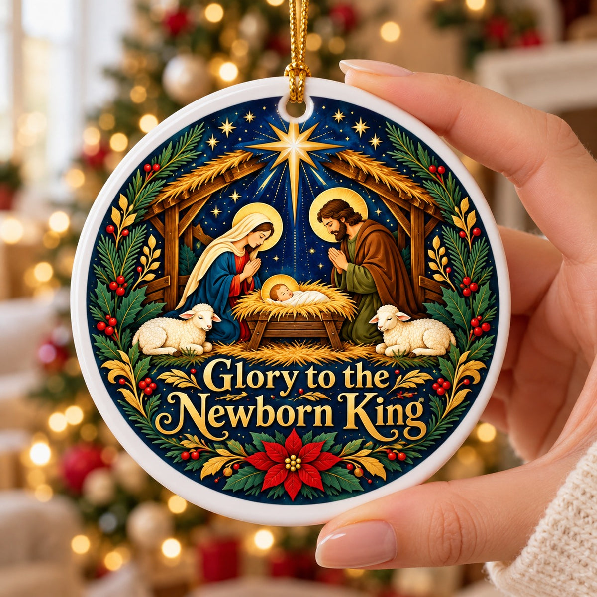 Folk Art Holy Night Nativity Scene Ceramic Christmas Ornament