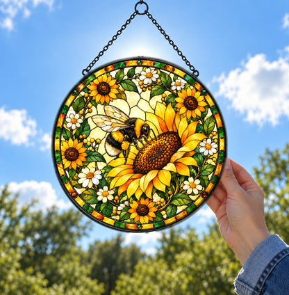Sunflower Bumblebee Stained Glass Suncatcher Window Hanging Ornament