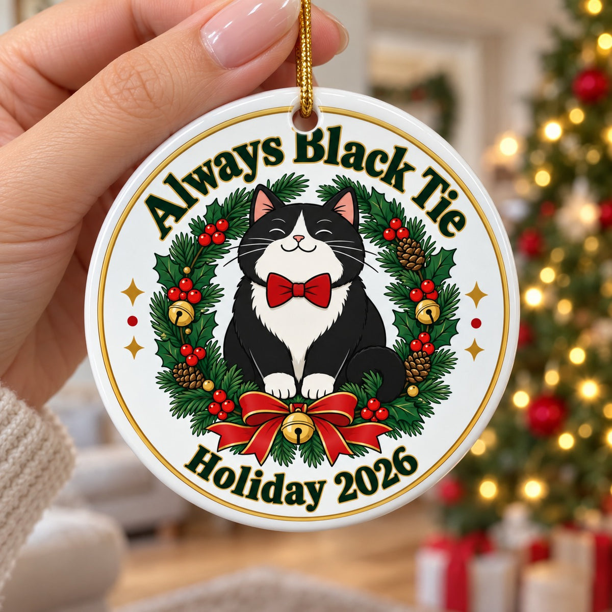 Black Tie Tuxedo Cat Wreath Ceramic Christmas Tree Ornament