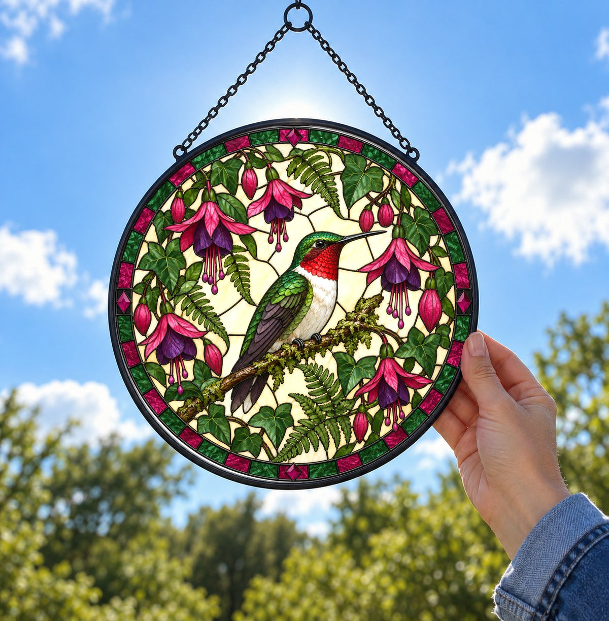 Perched Ruby Hummingbird Glass Suncatcher Hanging Window Ornament