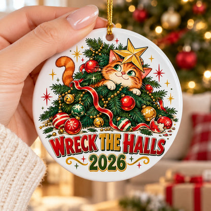 Wreck the Halls Mischief Cat Ceramic Christmas Ornament