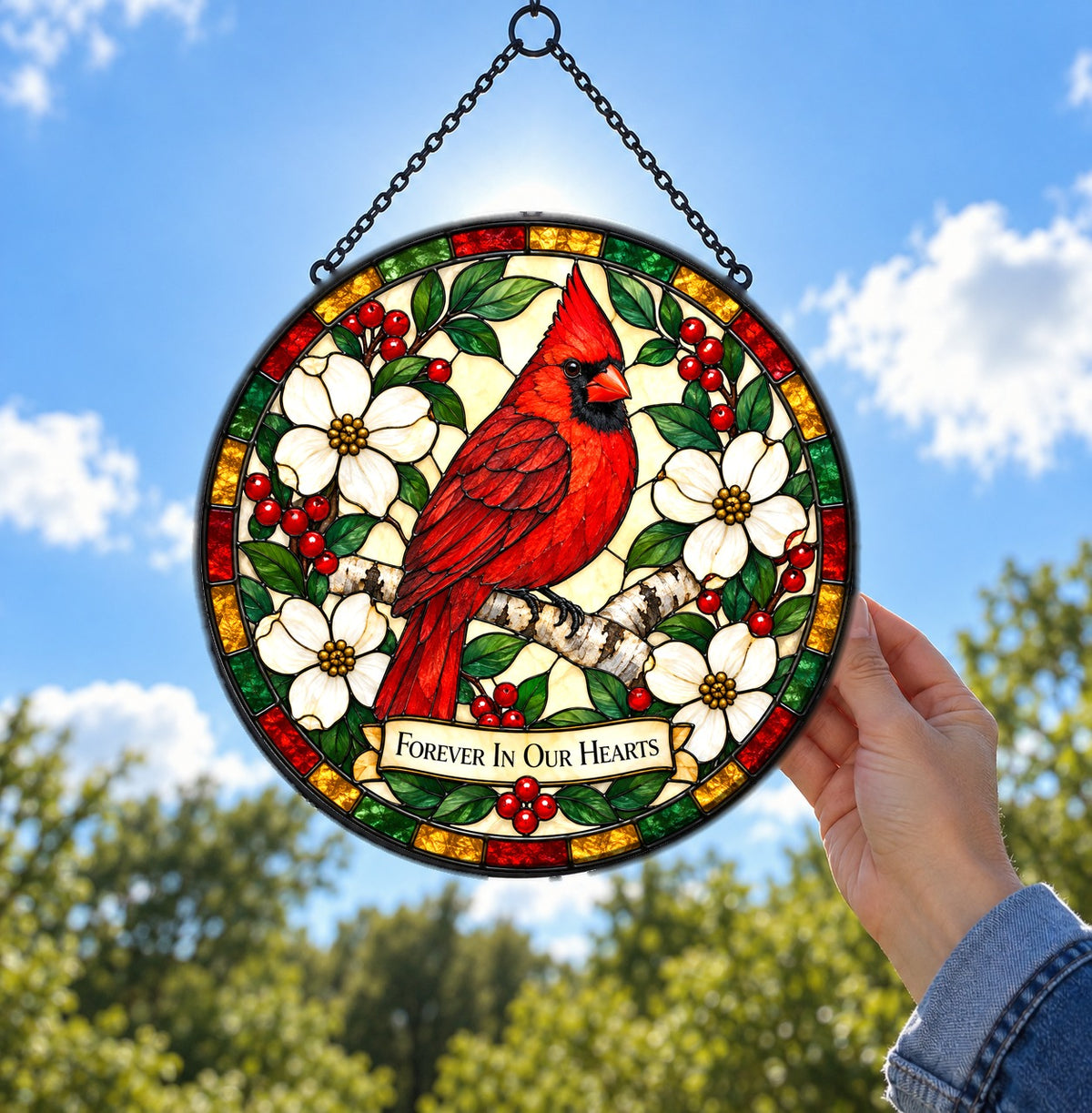 Cardinal Whispers Memorial Suncatcher Glass Window Ornament