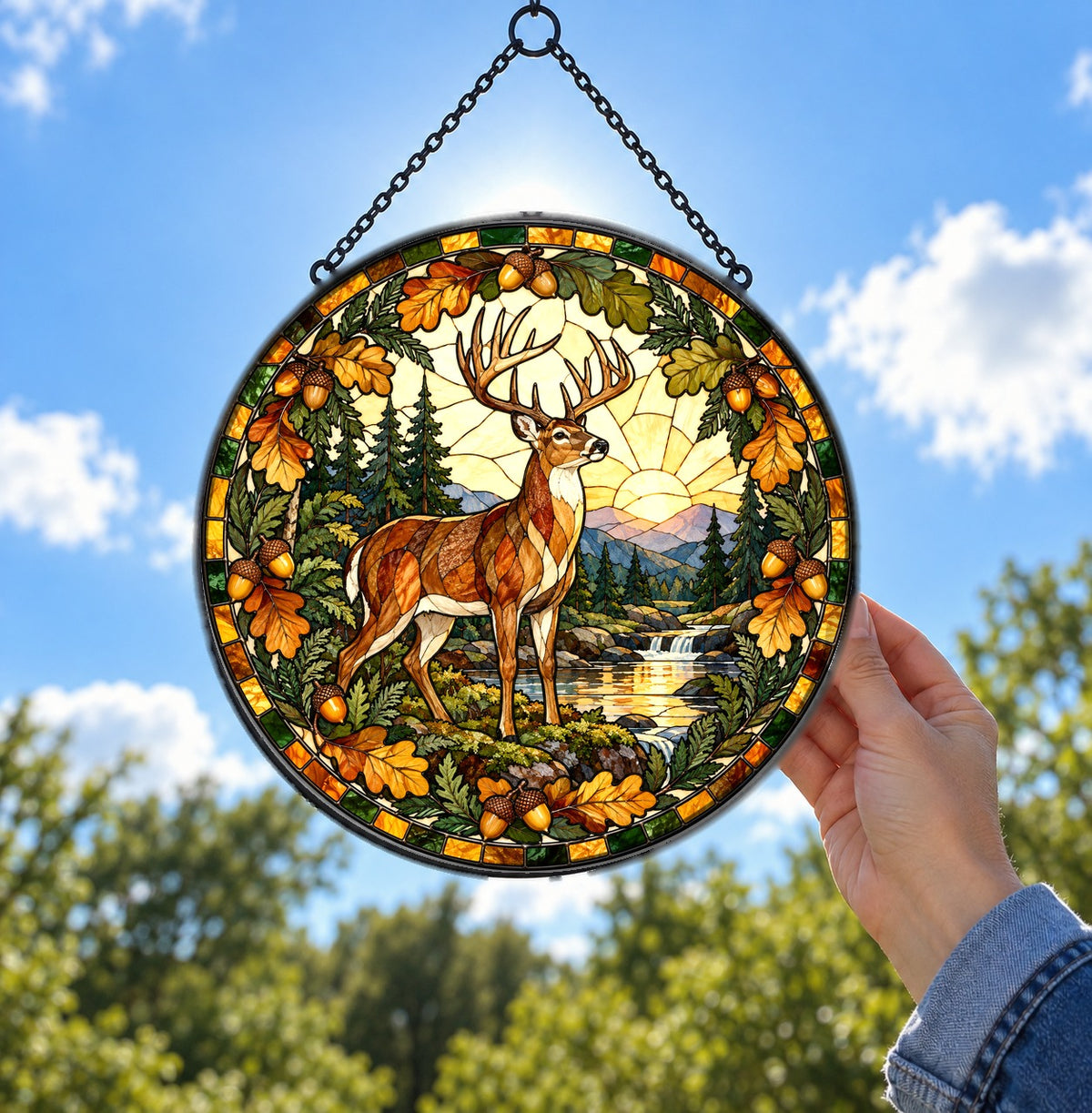 Golden Dawn Woodland Stag Suncatcher, Forest Wildlife Glass Ornament