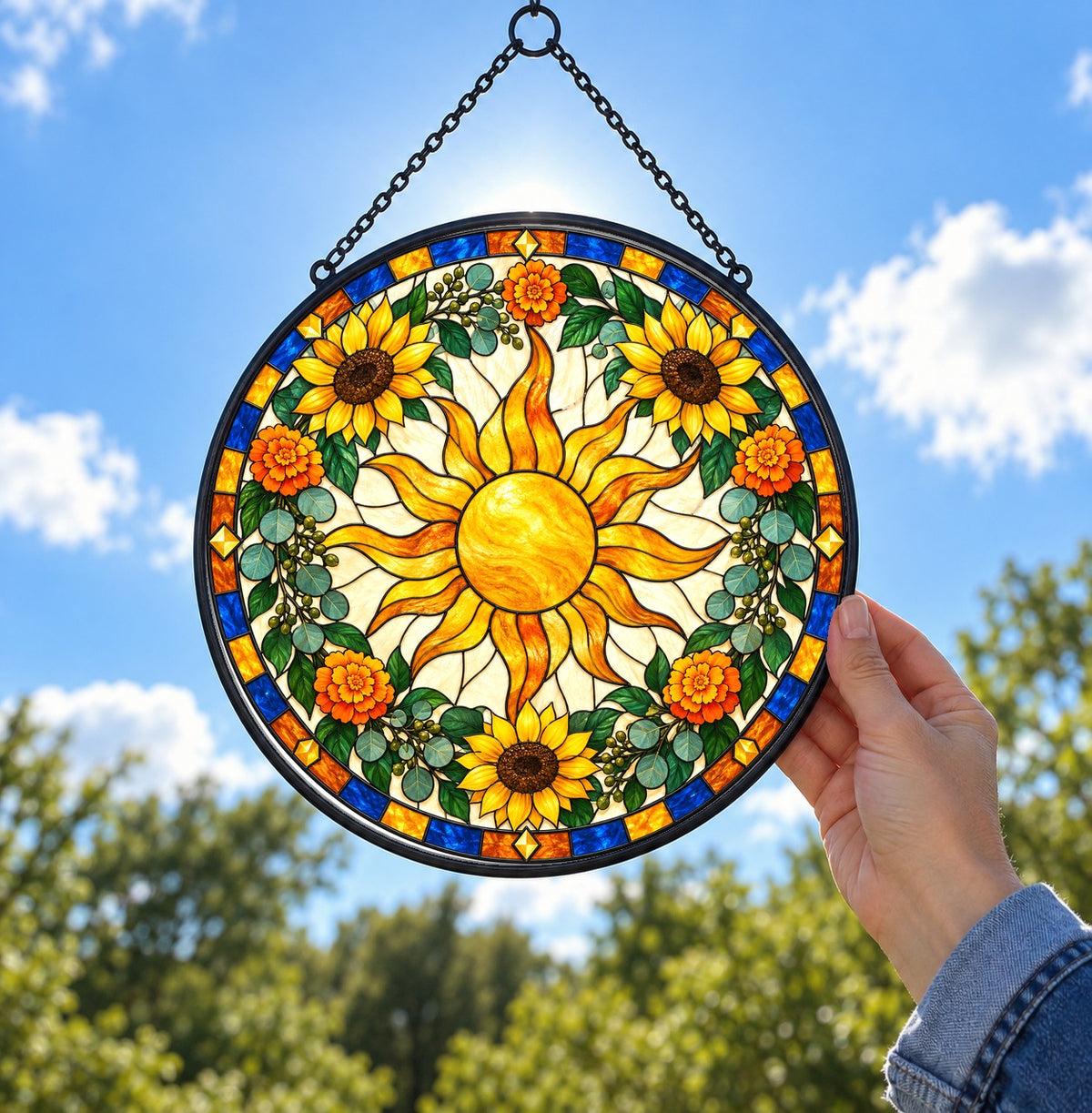 Bohemian Radiant Sunburst Stained Glass Suncatcher Ornament Window Art