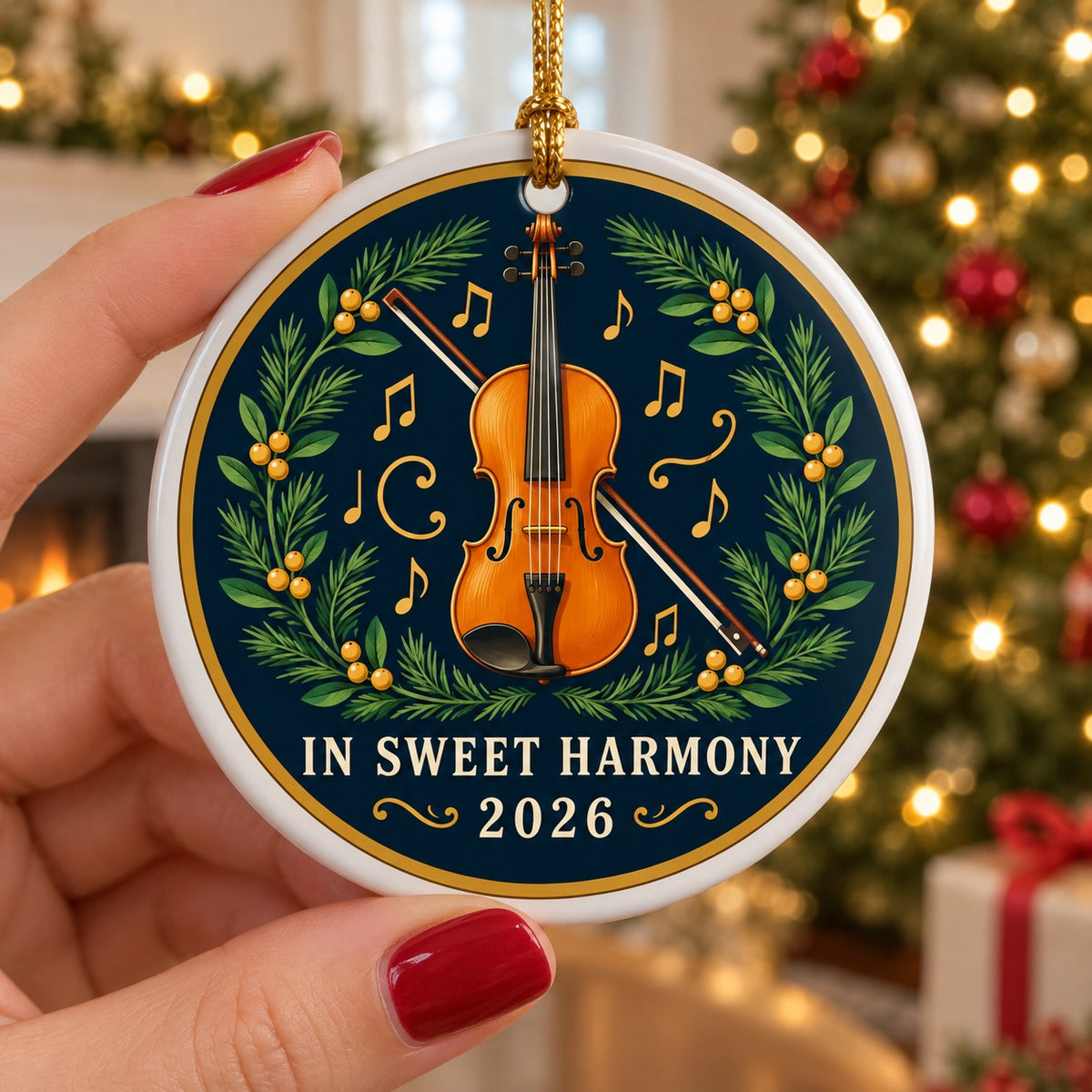 Harmonious Yuletide Fiddle Ceramic Christmas Ornament, Violin Music Gift