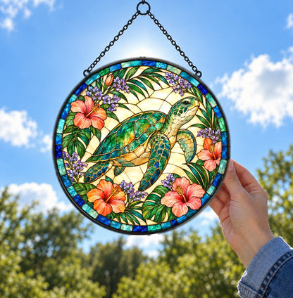Sea Turtle Coastal Stained Glass Suncatcher Window Hanging Ornament