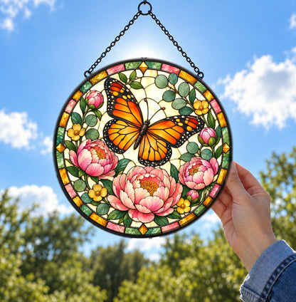 Monarch and Peony Suncatcher, Floral Butterfly Glass Hanging Ornament