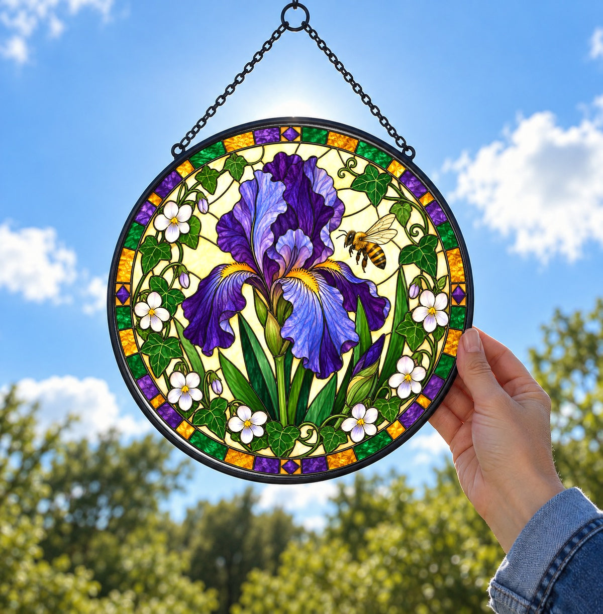 Velvet Iris and Honeybee Stained Glass Suncatcher Window Ornament