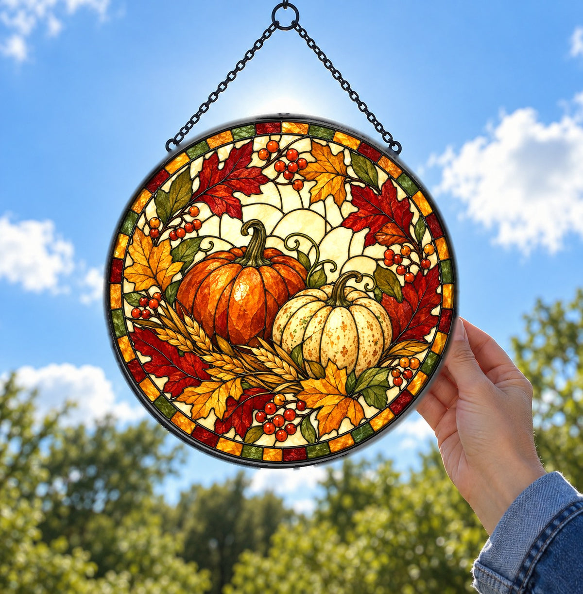 Autumn Heirloom Harvest Suncatcher, Fall Pumpkin Glass Window Ornament