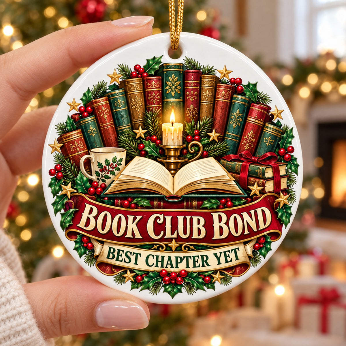 Chapters of Friendship Badge Book Club Ceramic Christmas Ornament