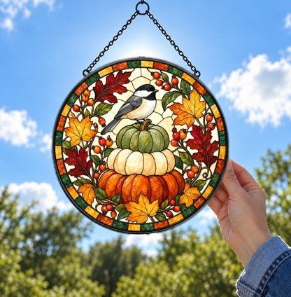 Autumn Songbird and Pumpkins Suncatcher Fall Window Hanging Ornament