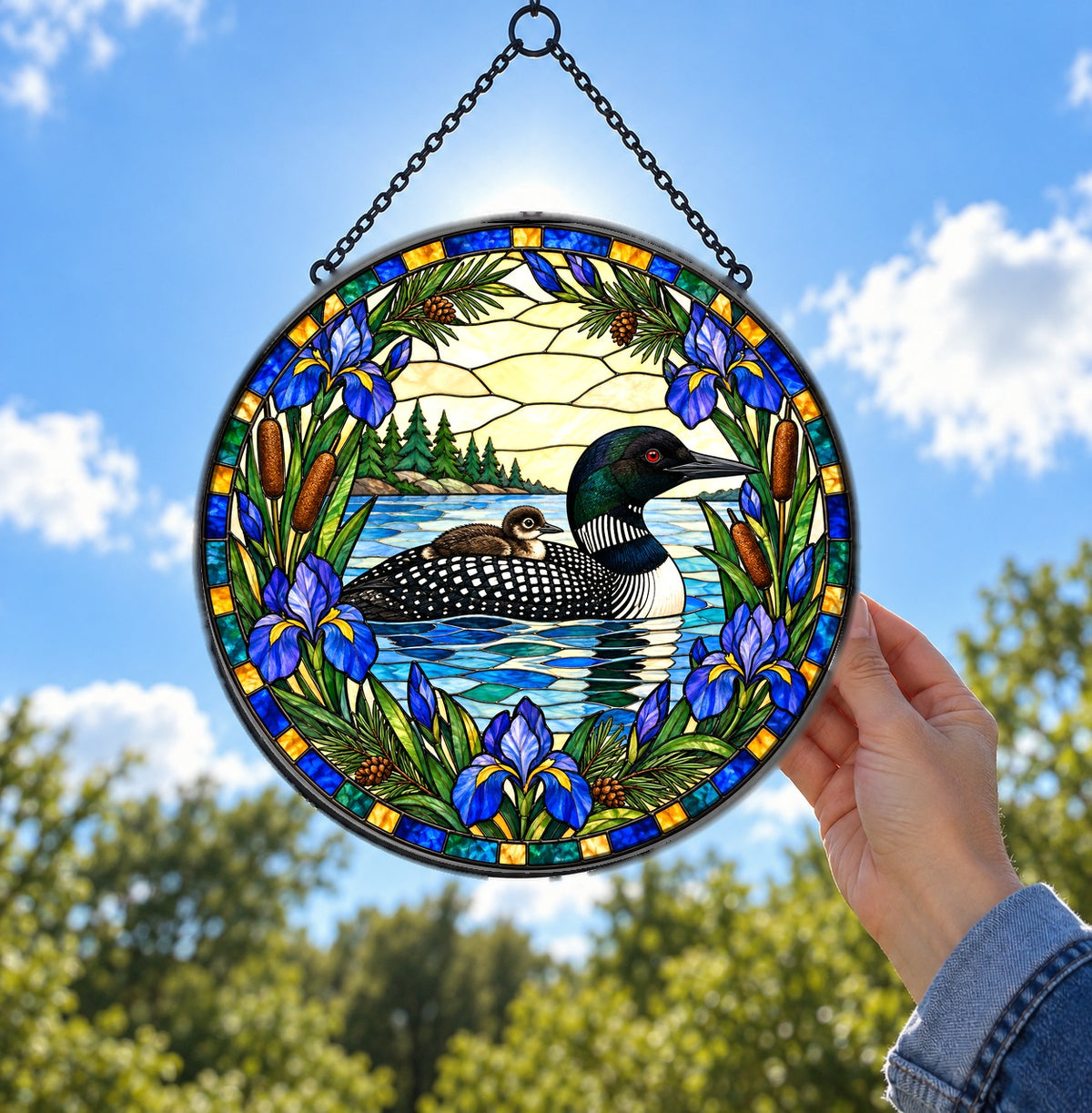 Northwoods Loon and Chick Suncatcher Hanging Glass Window Ornament