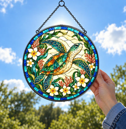 Sunlit Glide Sea Turtle Stained Glass Style Suncatcher Ornament