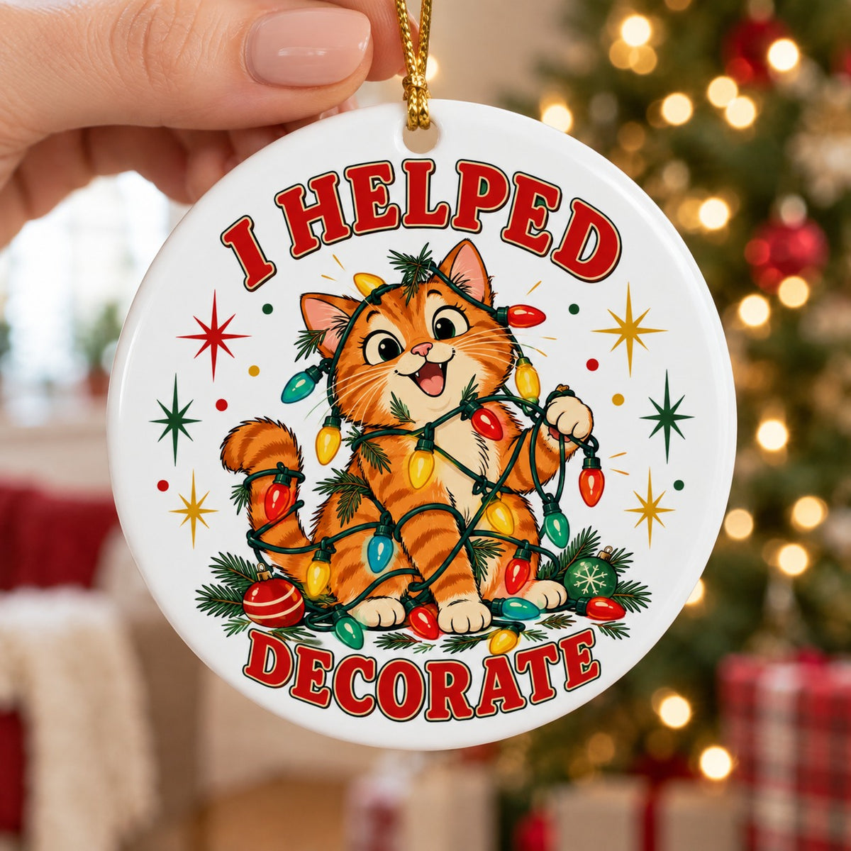 Tangled Tabby Tree Helper Ceramic Christmas Ornament, Cat Decor
