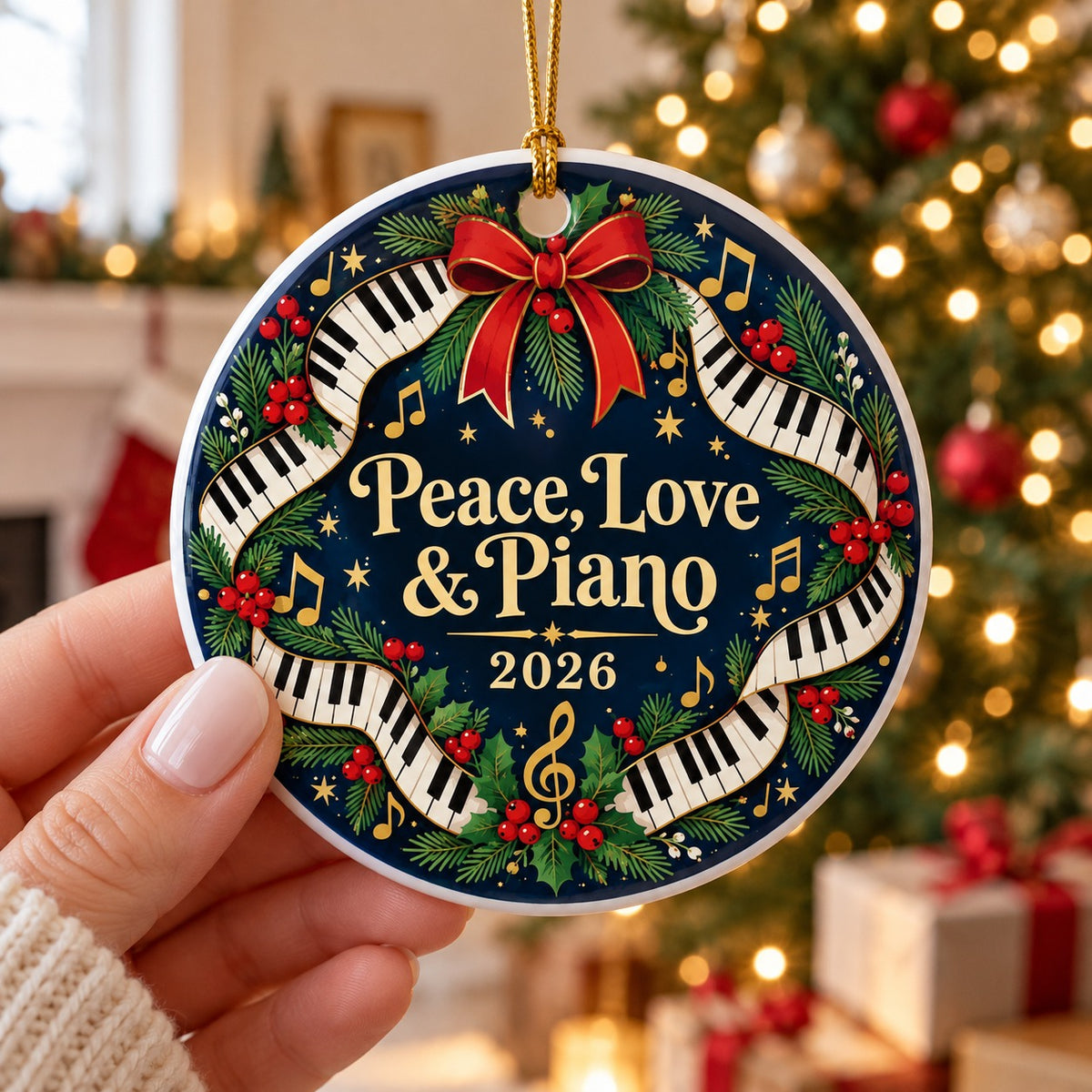 Folk Art Piano Keys Holiday Wreath Ceramic Christmas Ornament