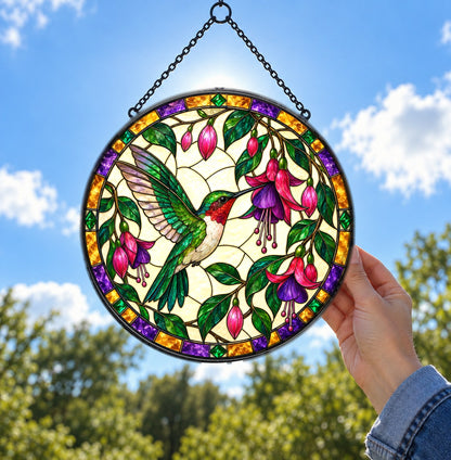 Jeweled Hummingbird and Fuchsia Suncatcher Glass Window Ornament