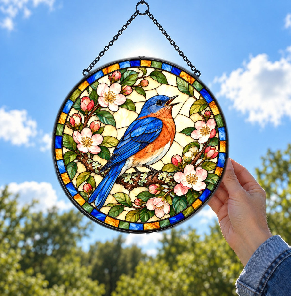 Songbird in the Orchard Glass Suncatcher Window Hanging Ornament