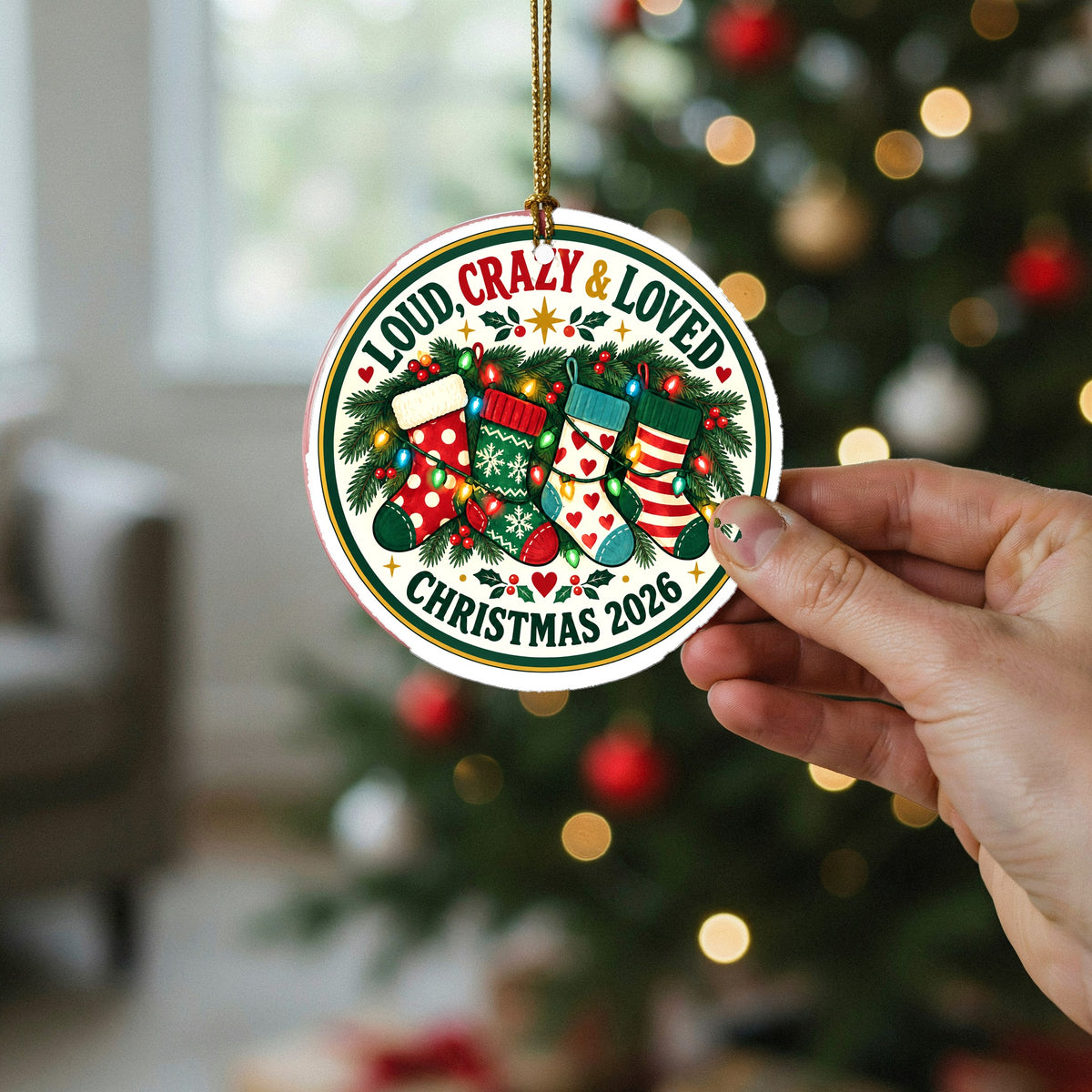 Loud Crazy and Loved Holiday Badge Ceramic Christmas Ornament 2026