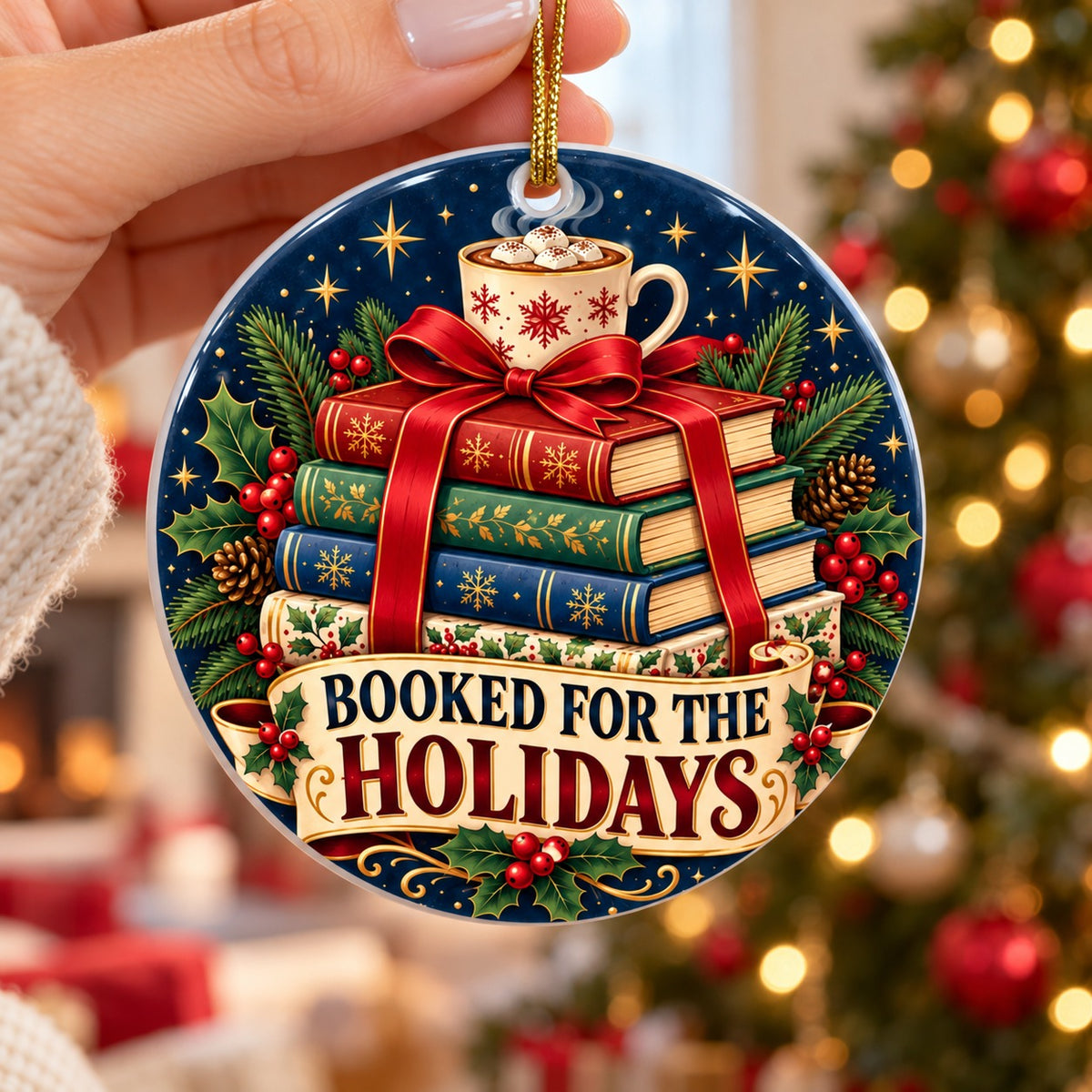 Booked for the Holidays Ceramic Ornament for Book Lovers