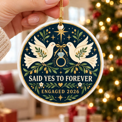 Folk Art Golden Ring Doves Engaged 2026 Ceramic Ornament