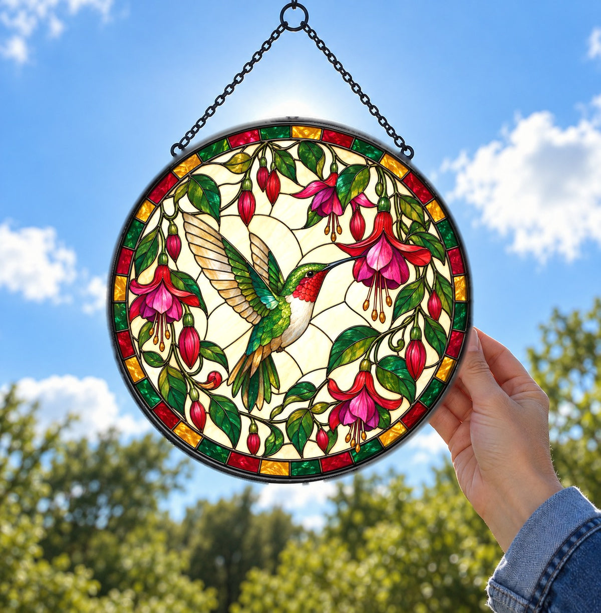 Ruby Nectar Symphony Suncatcher, Hummingbird Glass Window Ornament