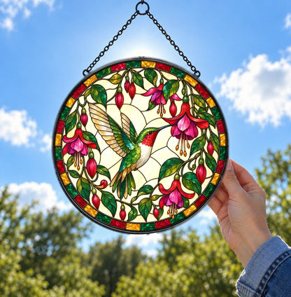 Ruby Nectar Symphony Suncatcher, Hummingbird Glass Window Ornament