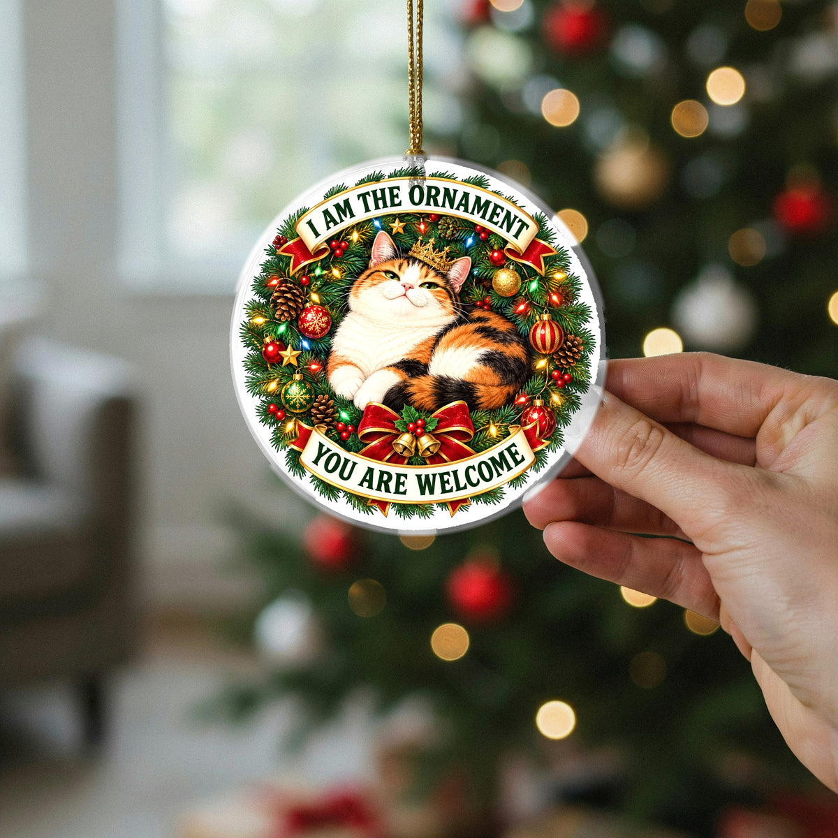 Calico Cat Christmas Wreath Ceramic Holiday Ornament