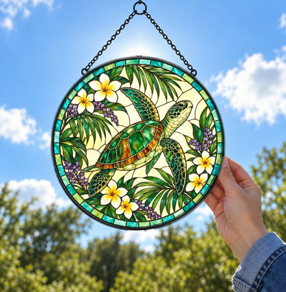 Serene Sea Turtle Stained Glass Style Suncatcher Window Ornament