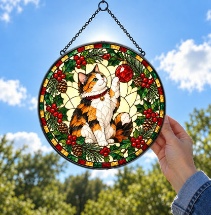 Festive Calico Cat Holiday Suncatcher Glass Ornament