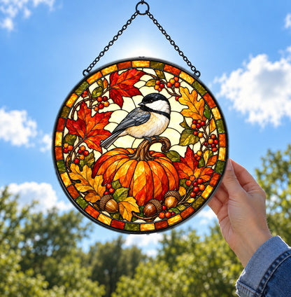 Autumn Chickadee Pumpkin Suncatcher, Fall Bird Glass Window Ornament