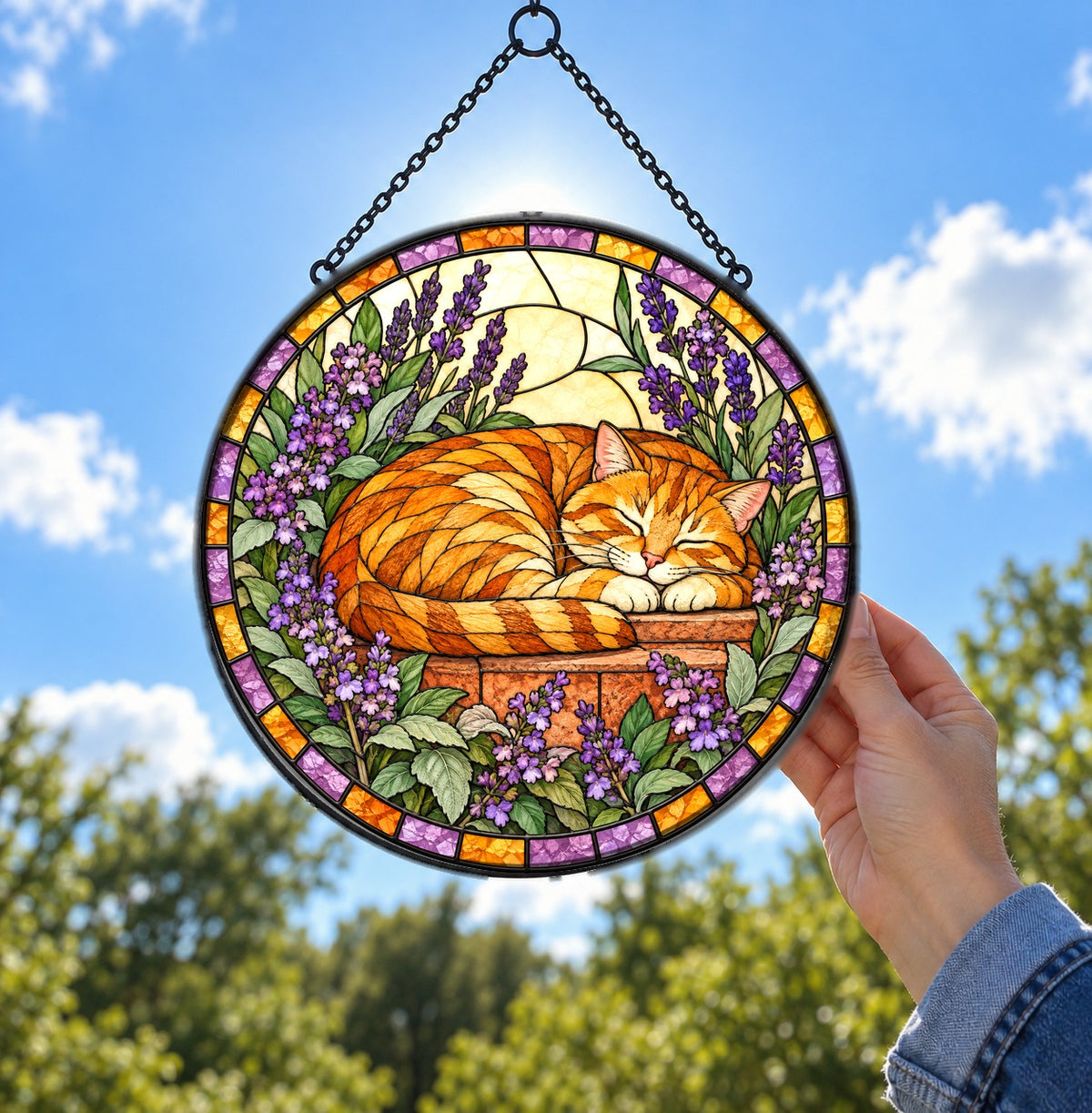 Catmint Reverie Tabby Suncatcher, Hanging Glass Window Ornament