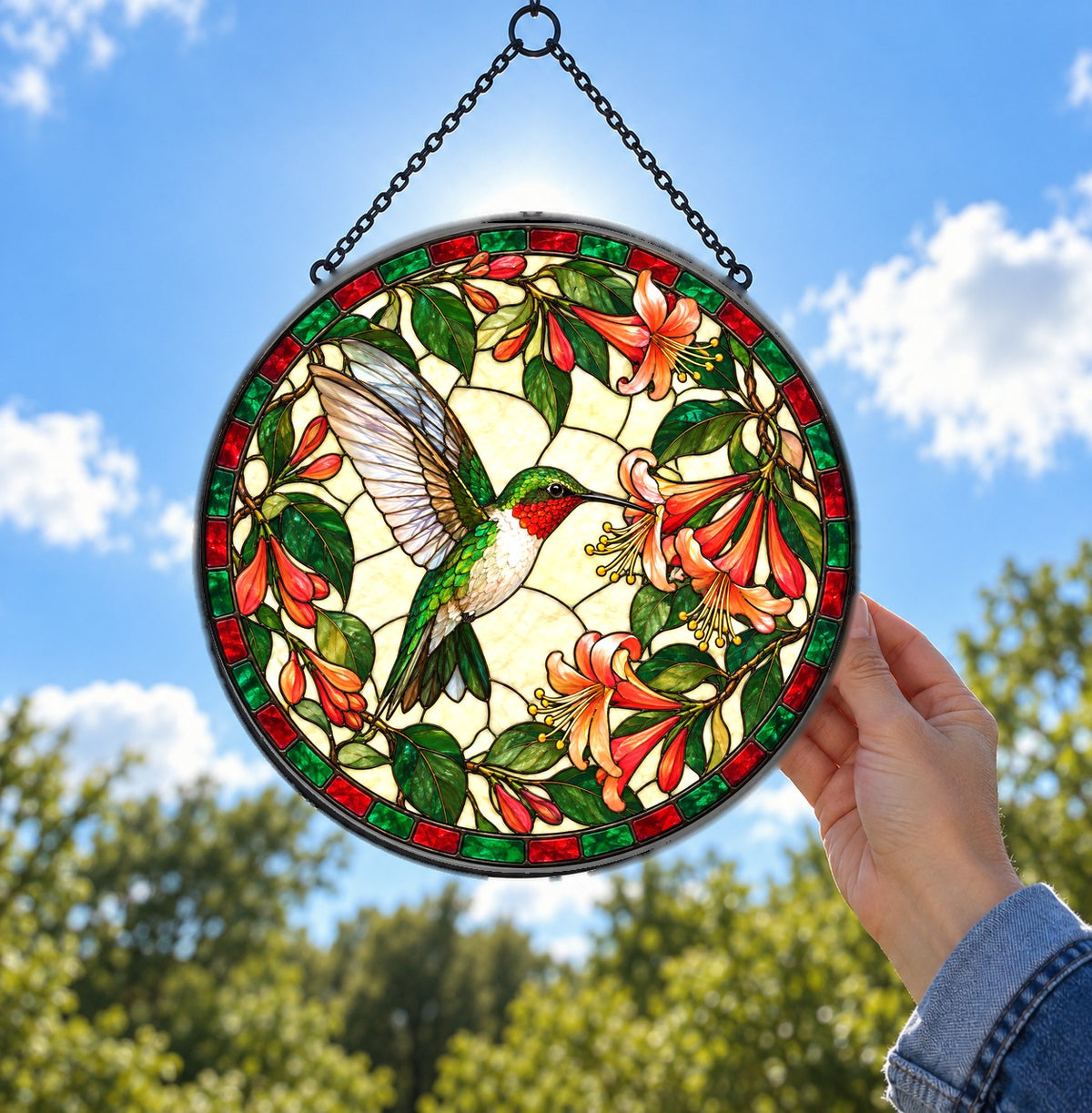 Ruby Hummingbird and Honeysuckle Suncatcher Window Ornament