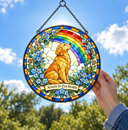 Rainbow Bridge Golden Dog Suncatcher, Pet Memorial Glass Ornament