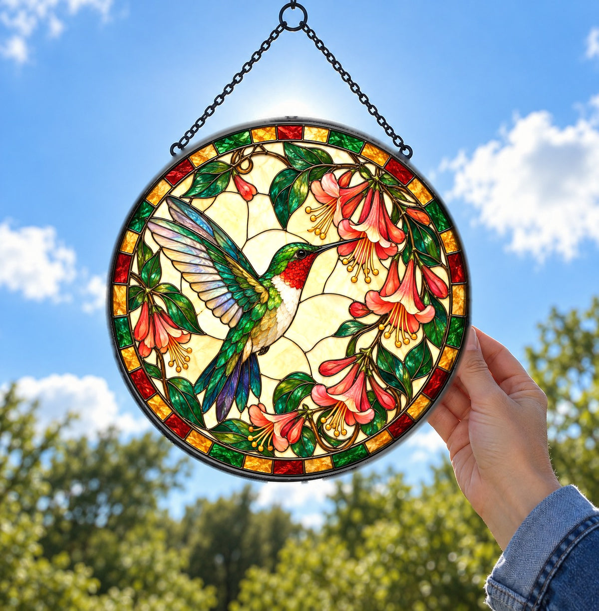 Ruby Hummingbird Honeysuckle Suncatcher Window Hanging Ornament
