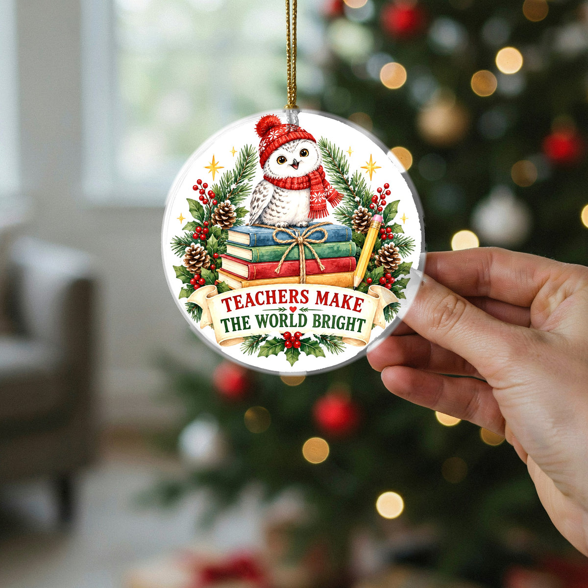 Storybook Owl Teacher Appreciation Christmas Ceramic Ornament