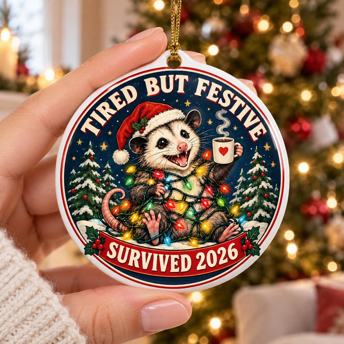 Tangled Opossum Christmas Ornament, Tired But Festive 2026 Holiday Gift