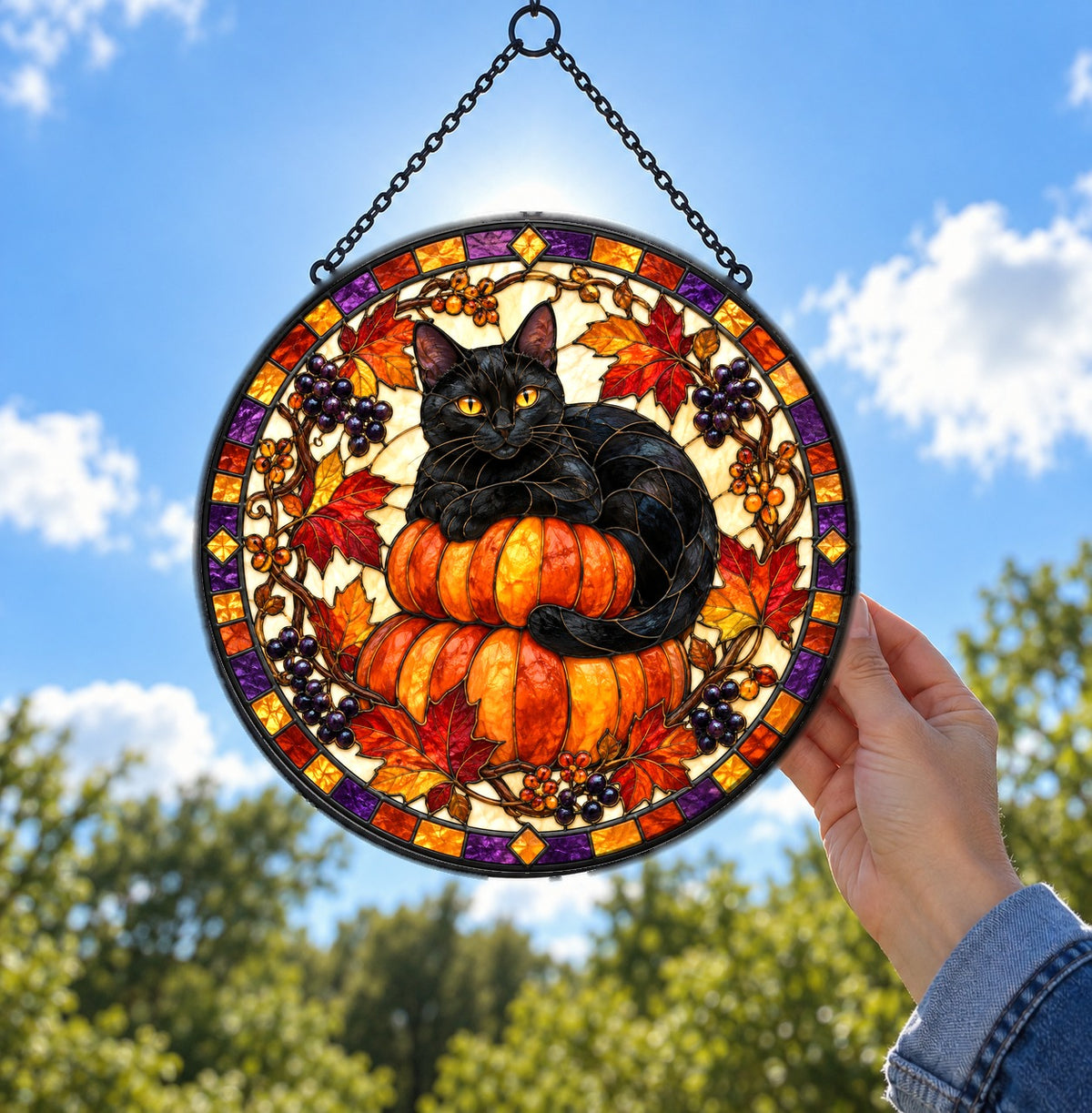 Midnight Cat and Pumpkin Suncatcher Ornament for Autumn Decor