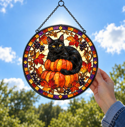 Midnight Cat and Pumpkin Suncatcher Ornament for Autumn Decor