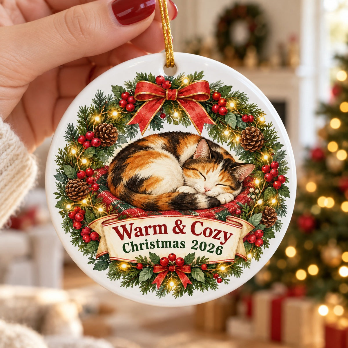 Sleeping Cat Wreath Keepsake Ceramic Christmas Ornament