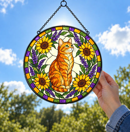 Sunlit Garden Tabby Suncatcher, Glass Cat Window Hanging Ornament