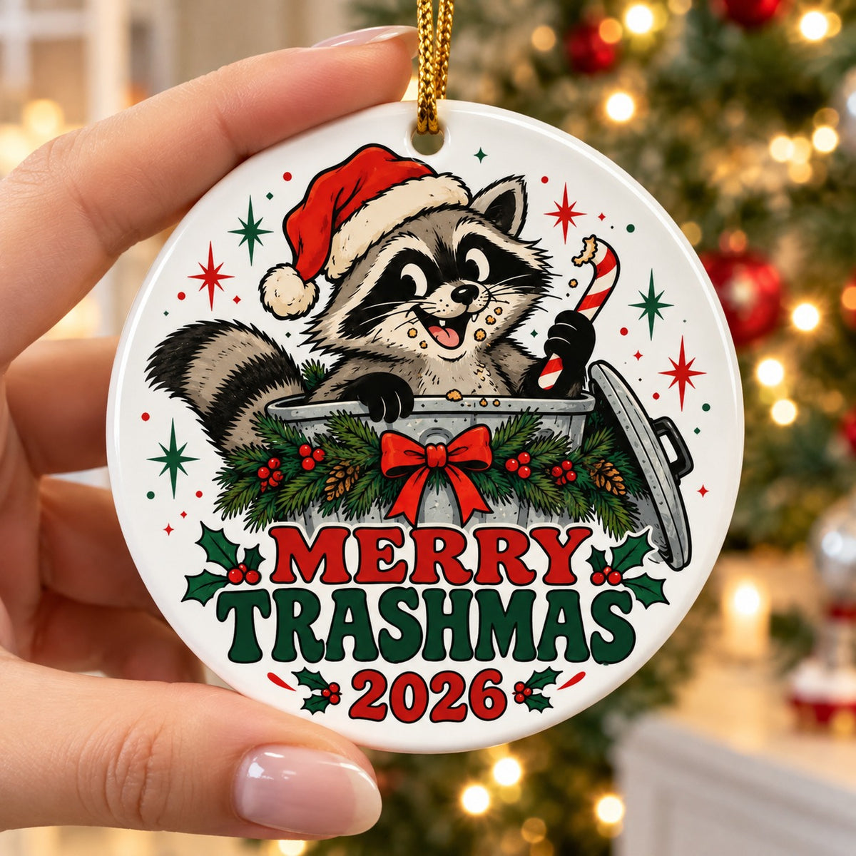 Merry Trashmas Raccoon Ceramic Christmas Tree Ornament