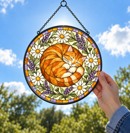 Sunlit Nap Sleeping Tabby Suncatcher, Hanging Glass Window Ornament