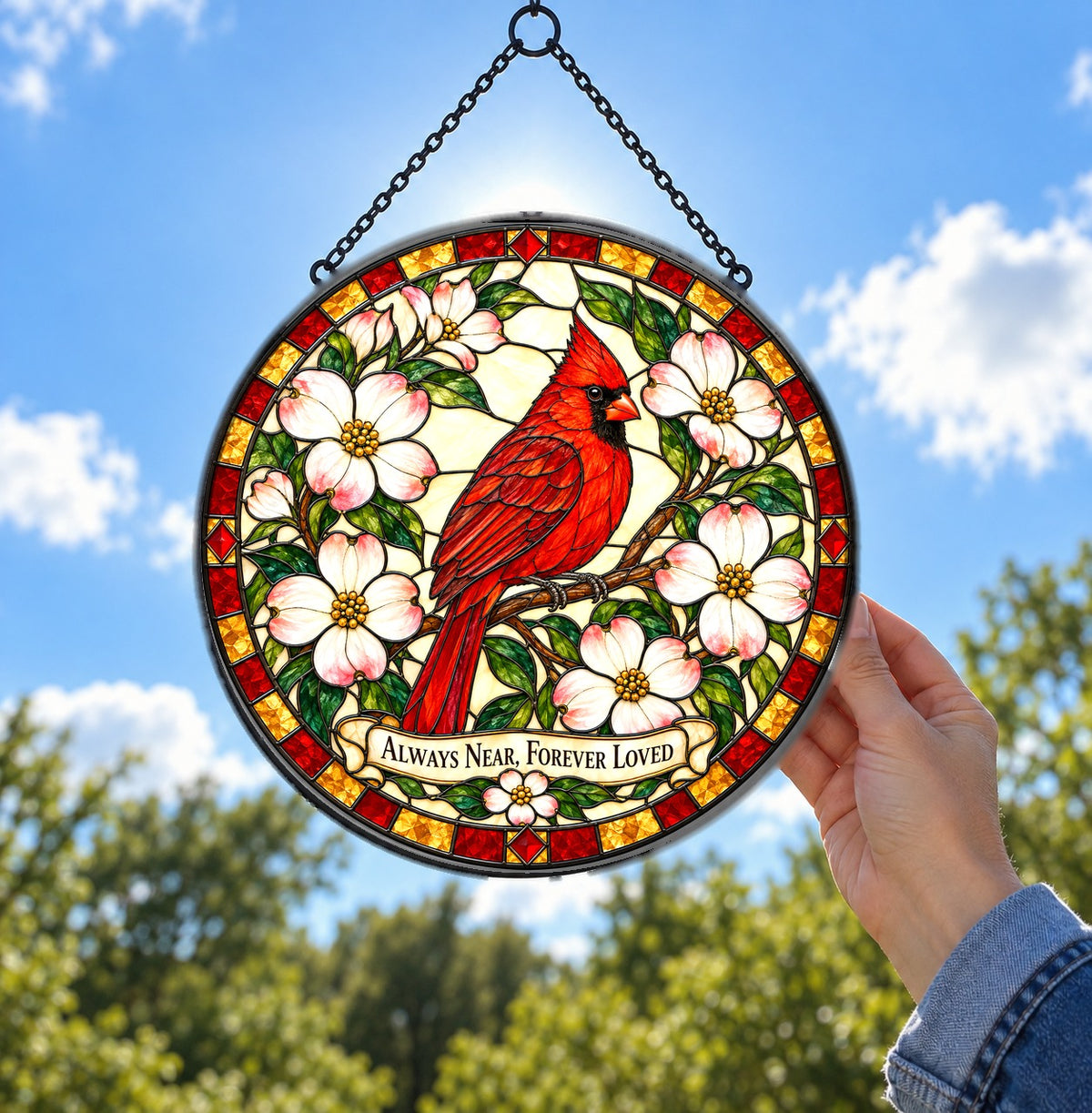 Cardinal Dogwood Glass Suncatcher Window Hanging Memorial Ornament
