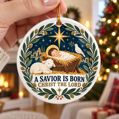 Folk Art Nativity Cradle Ceramic Christmas Ornament