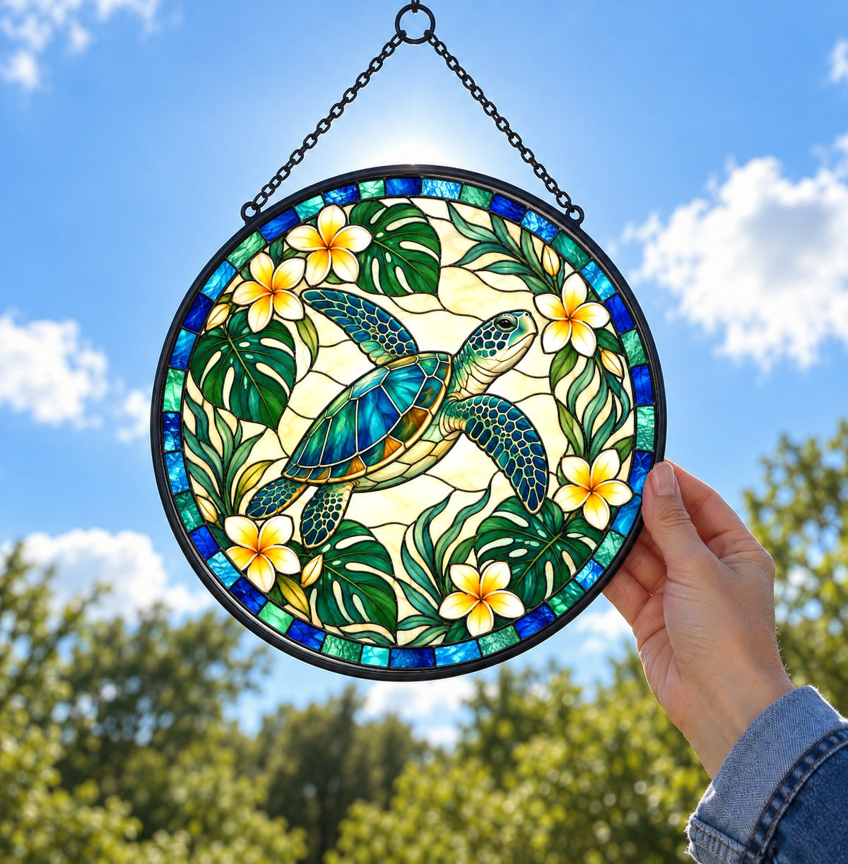 Sunlit Sea Turtle Stained Glass Suncatcher Window Hanging Ornament