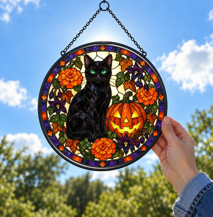 Halloween Black Cat and Pumpkin Stained Glass Suncatcher Window